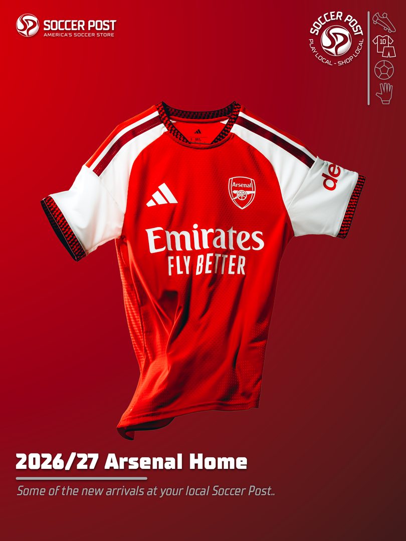 Soccer Post new arrivals graphic: Arsenal 2026/27 home jersey on the template overlay