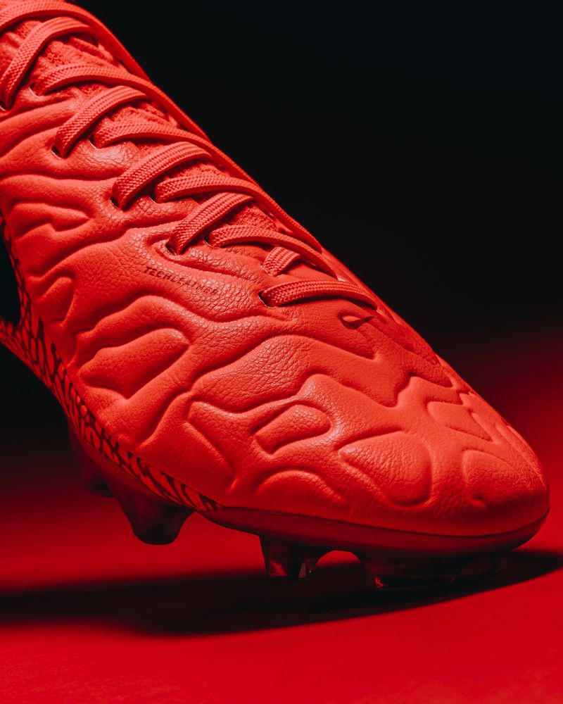 Toe box detail showing the embossed leather texture